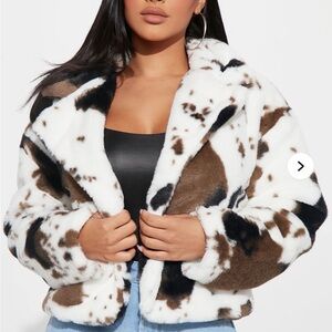 Fashion Nova Women's Faux Fur Pea Coat - Brown and White